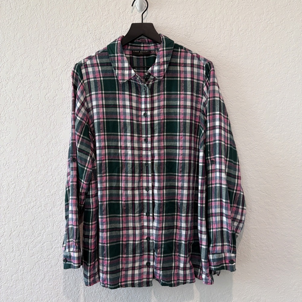 Lane Bryant Metallic Detail Plaid Green Pink White Button Up Size 18/20